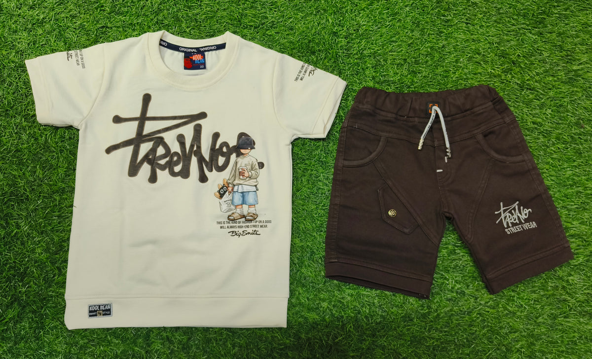 Boys Cream Graphic T-Shirt & Chocolate Short Set