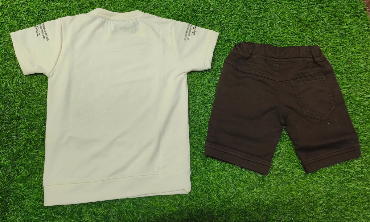 Boys Cream Graphic T-Shirt & Chocolate Short Set