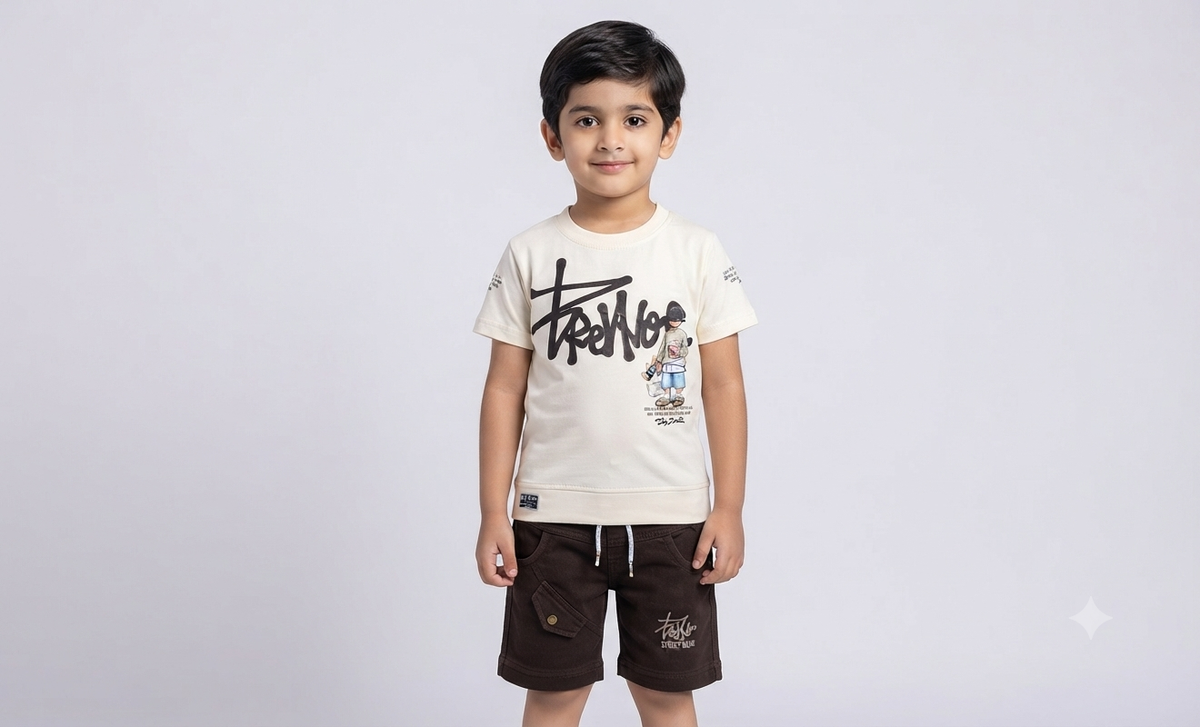 Boys Cream Graphic T-Shirt & Chocolate Short Set