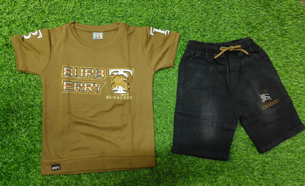 Boys Olive Brown Graphic T-Shirt & Black Denim Short Set