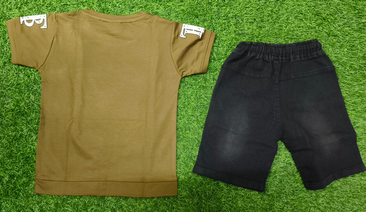 Boys Olive Brown Graphic T-Shirt & Black Denim Short Set