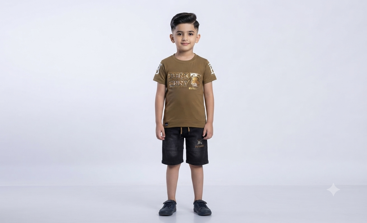Boys Olive Brown Graphic T-Shirt & Black Denim Short Set