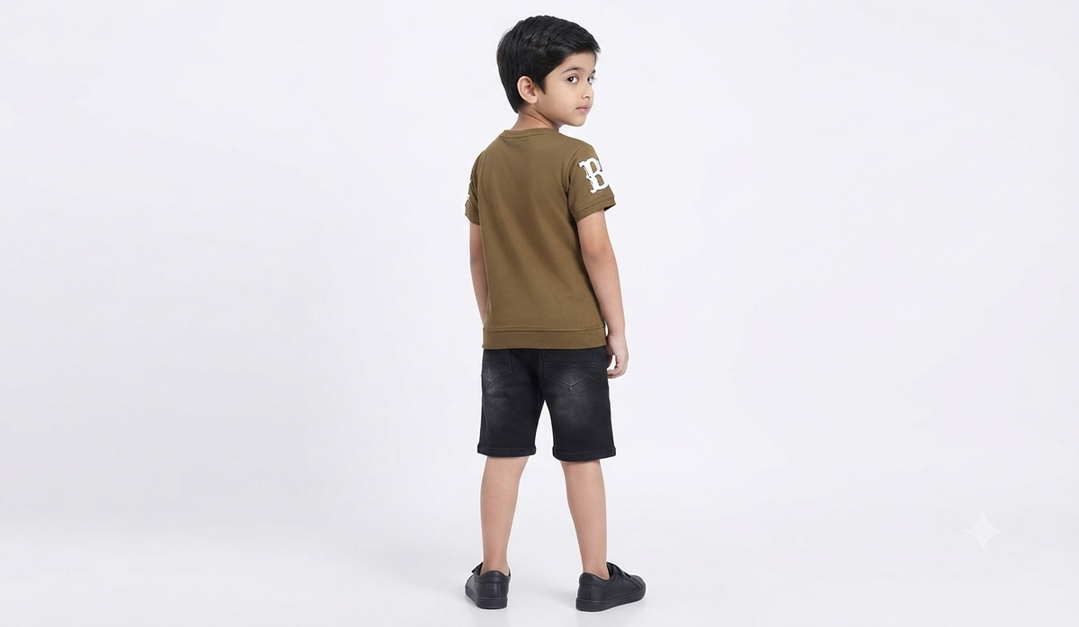 Boys Olive Brown Graphic T-Shirt & Black Denim Short Set