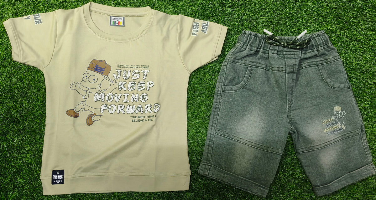 Boys Light Pista Green Graphic T-Shirt & Grey Denim Short Set