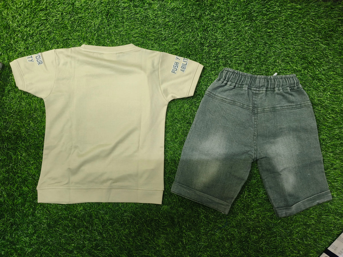 Boys Light Pista Green Graphic T-Shirt & Grey Denim Short Set
