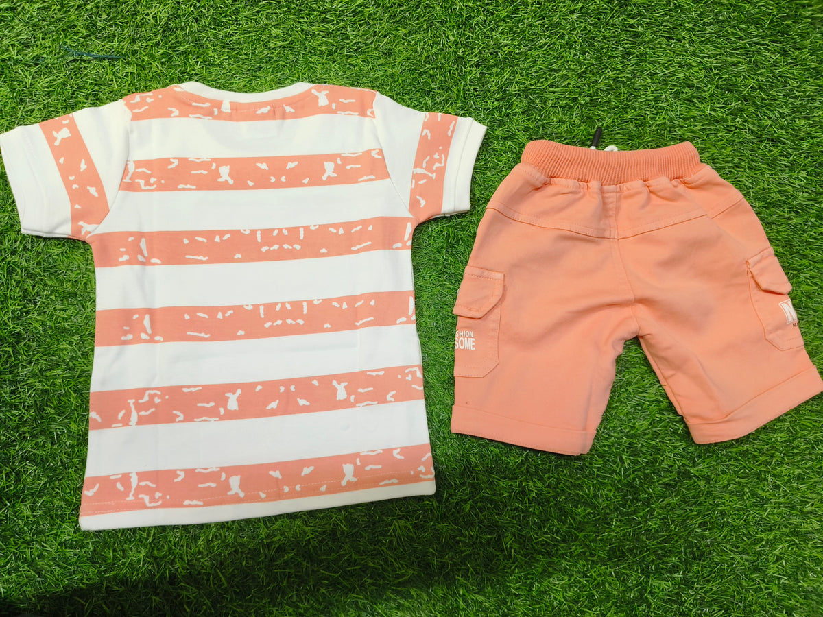 Boys White & Peach Striped T-Shirt with Peach Short Set