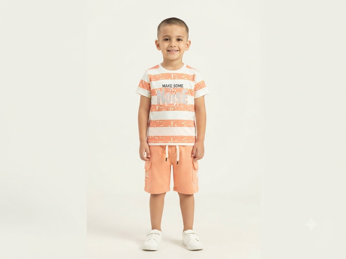 Boys White & Peach Striped T-Shirt with Peach Short Set