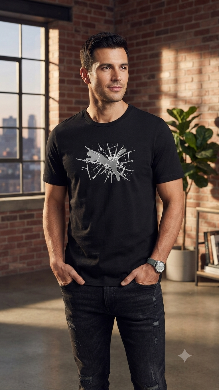 PUMA Men’s Black Abstract Logo Graphic Printed Round Neck T-Shirt