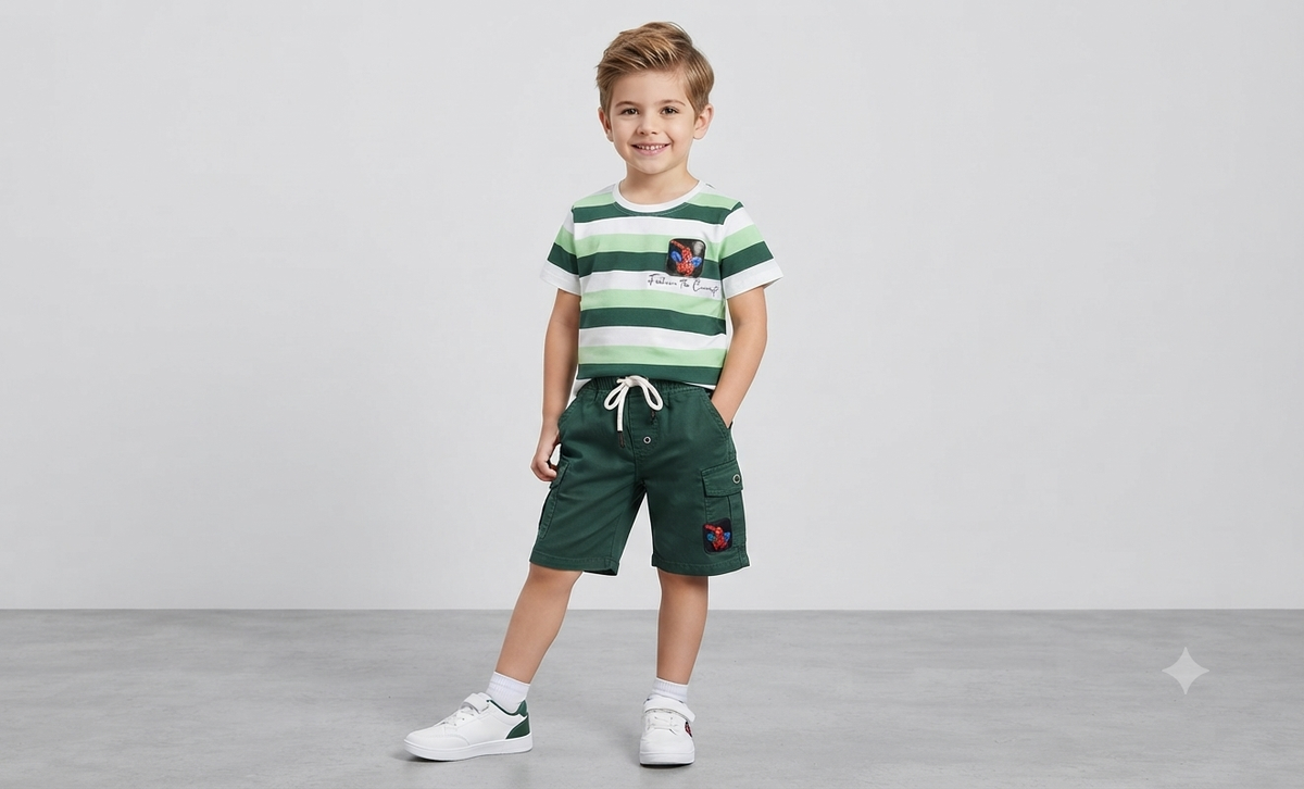 Boys Light Green, White & Dark Green Striped T-Shirt