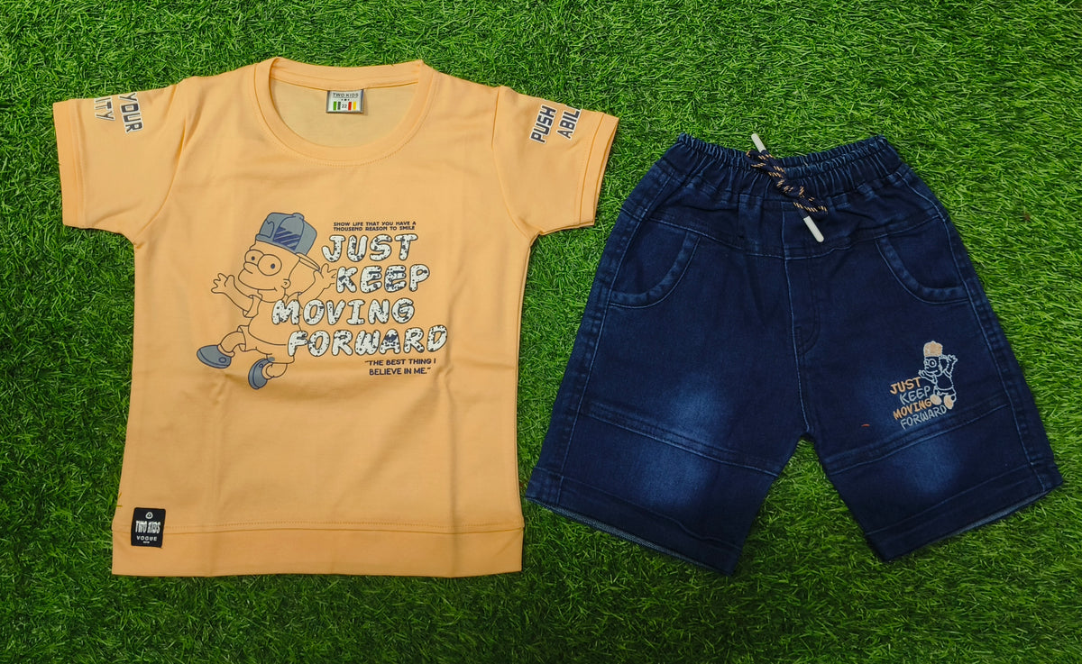 Boys Light Orange Printed T-Shirt with Dark Blue Denim Short Set