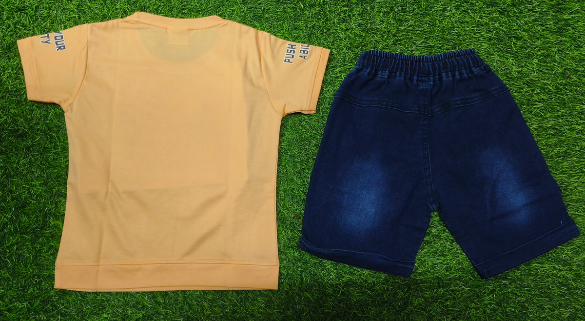 Boys Light Orange Printed T-Shirt with Dark Blue Denim Short Set