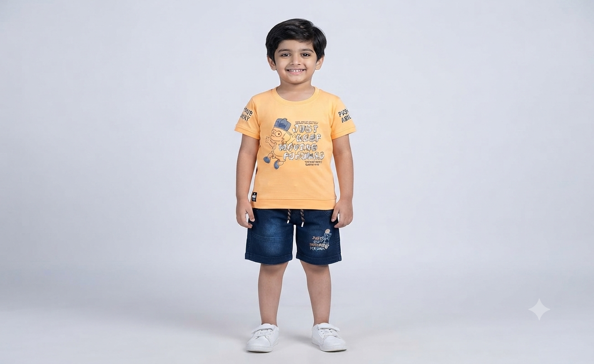 Boys Light Orange Printed T-Shirt with Dark Blue Denim Short Set
