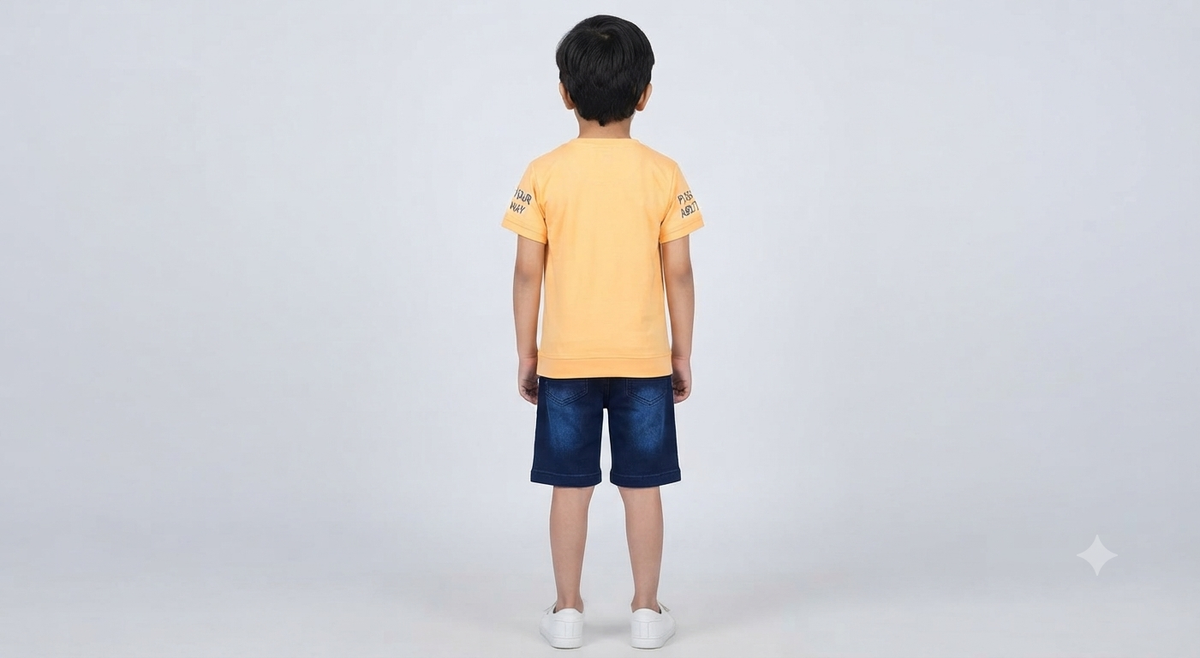 Boys Light Orange Printed T-Shirt with Dark Blue Denim Short Set