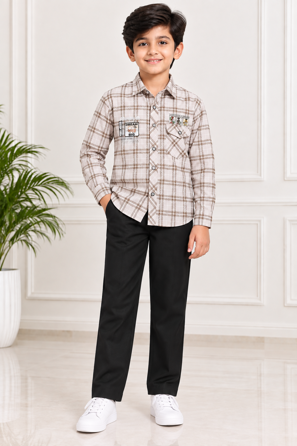Boys Cream & Brown Check Full Sleeve Shirt with Black Jogger Pant Set