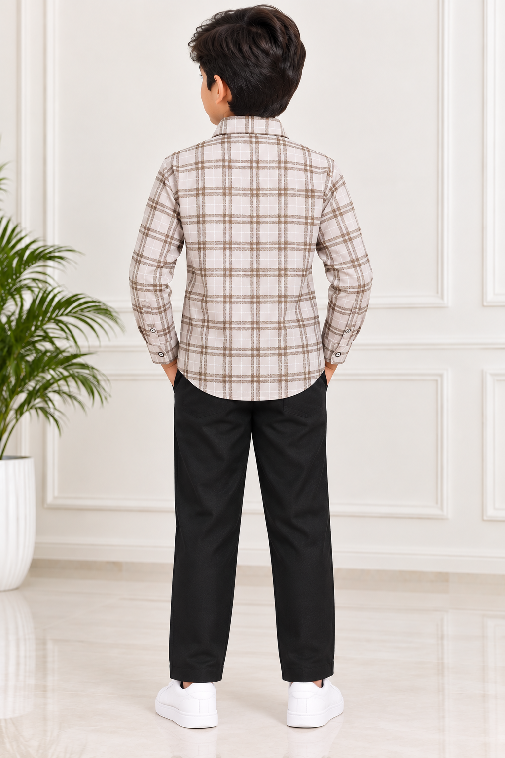 Boys Cream & Brown Check Full Sleeve Shirt with Black Jogger Pant Set