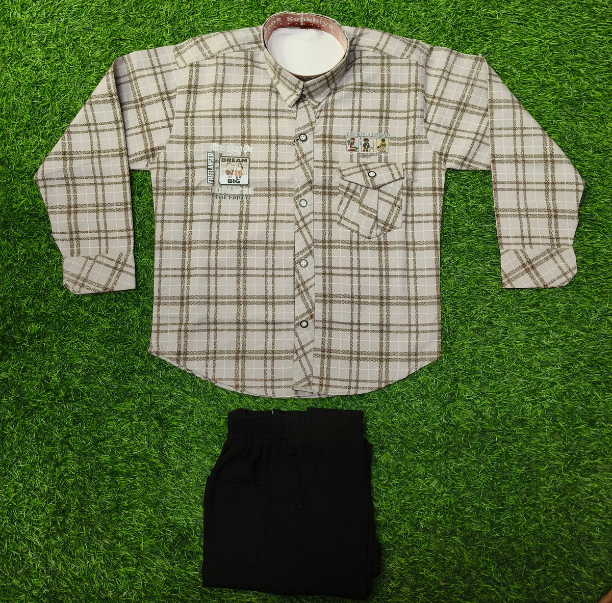 Boys Cream & Brown Check Full Sleeve Shirt with Black Jogger Pant Set