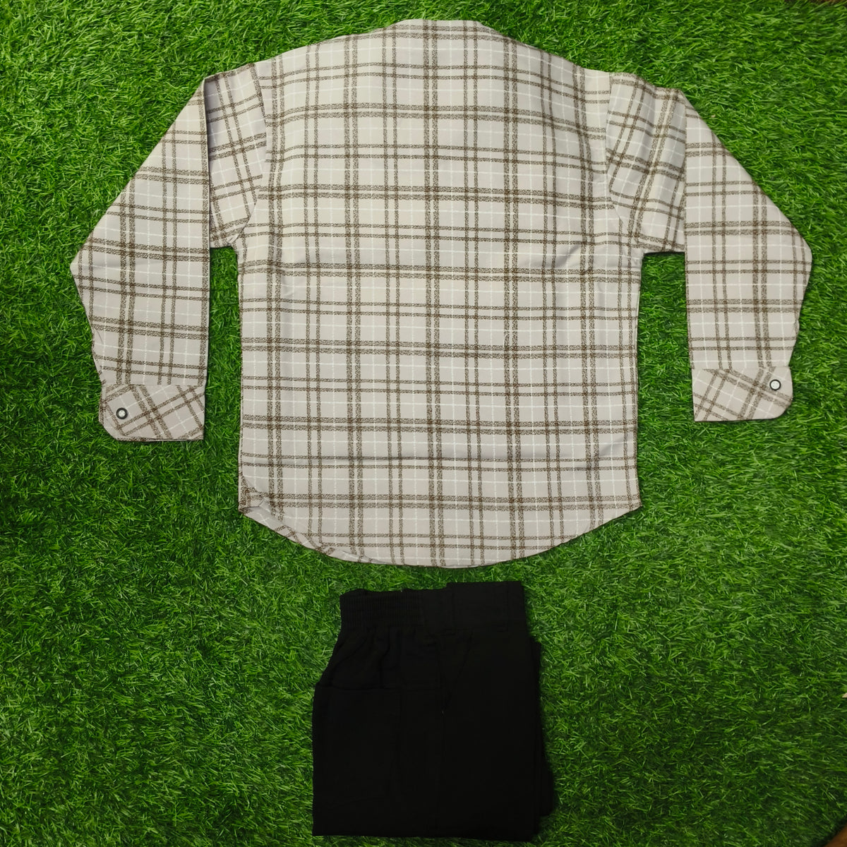 Boys Cream & Brown Check Full Sleeve Shirt with Black Jogger Pant Set