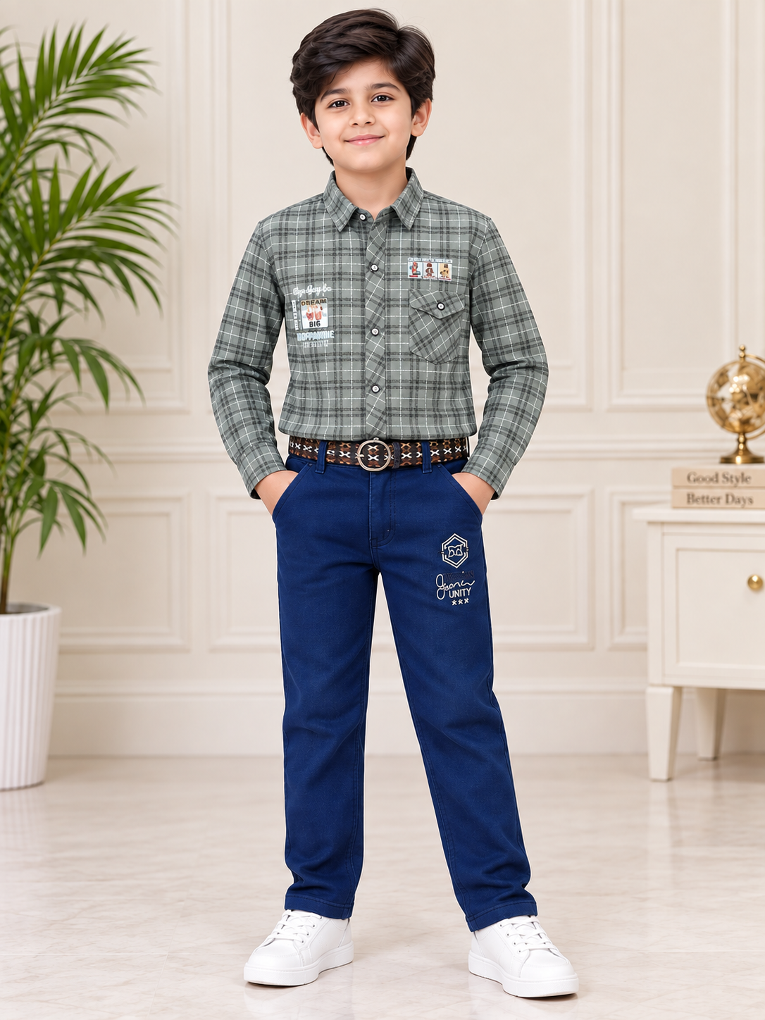 Boys Beige Check Full Sleeve Shirt with Black Jogger Pant Set