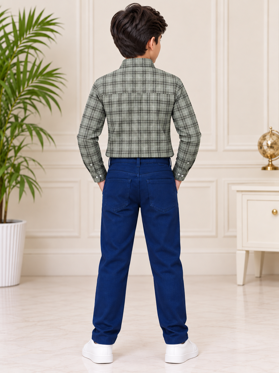 Boys Beige Check Full Sleeve Shirt with Black Jogger Pant Set