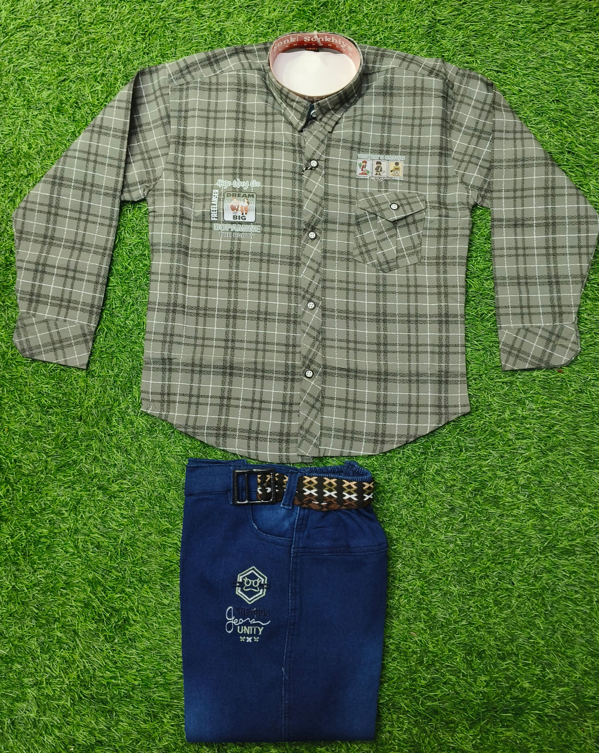 Boys Beige Check Full Sleeve Shirt with Black Jogger Pant Set