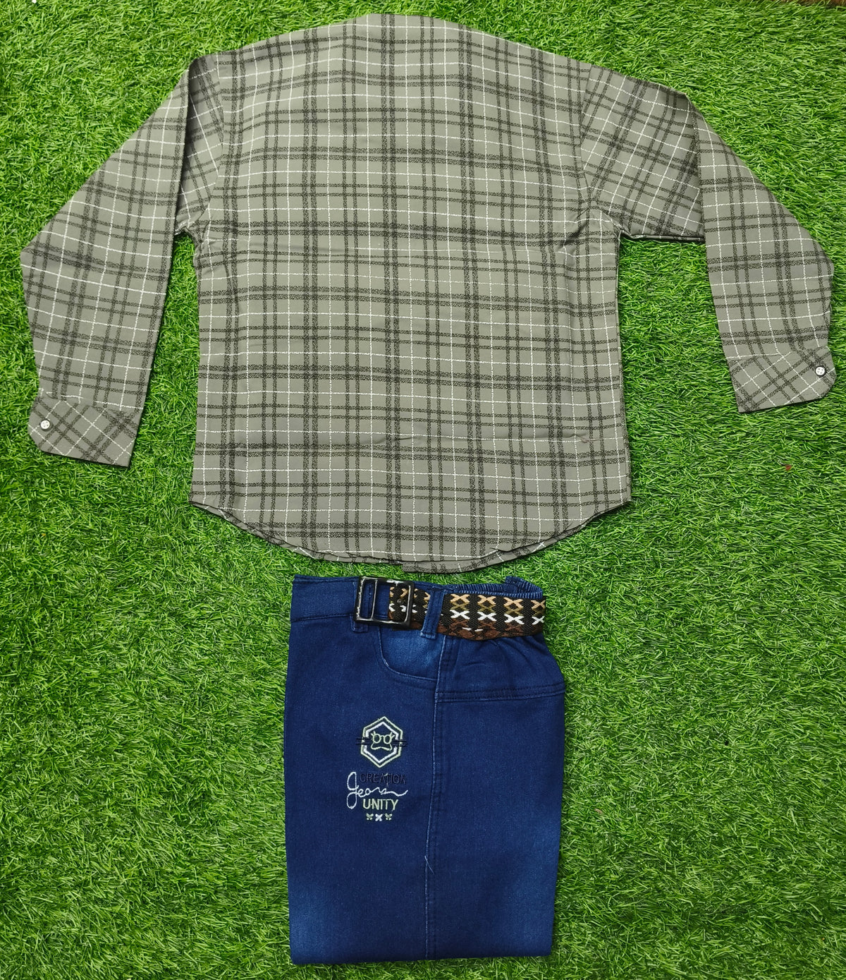 Boys Beige Check Full Sleeve Shirt with Black Jogger Pant Set