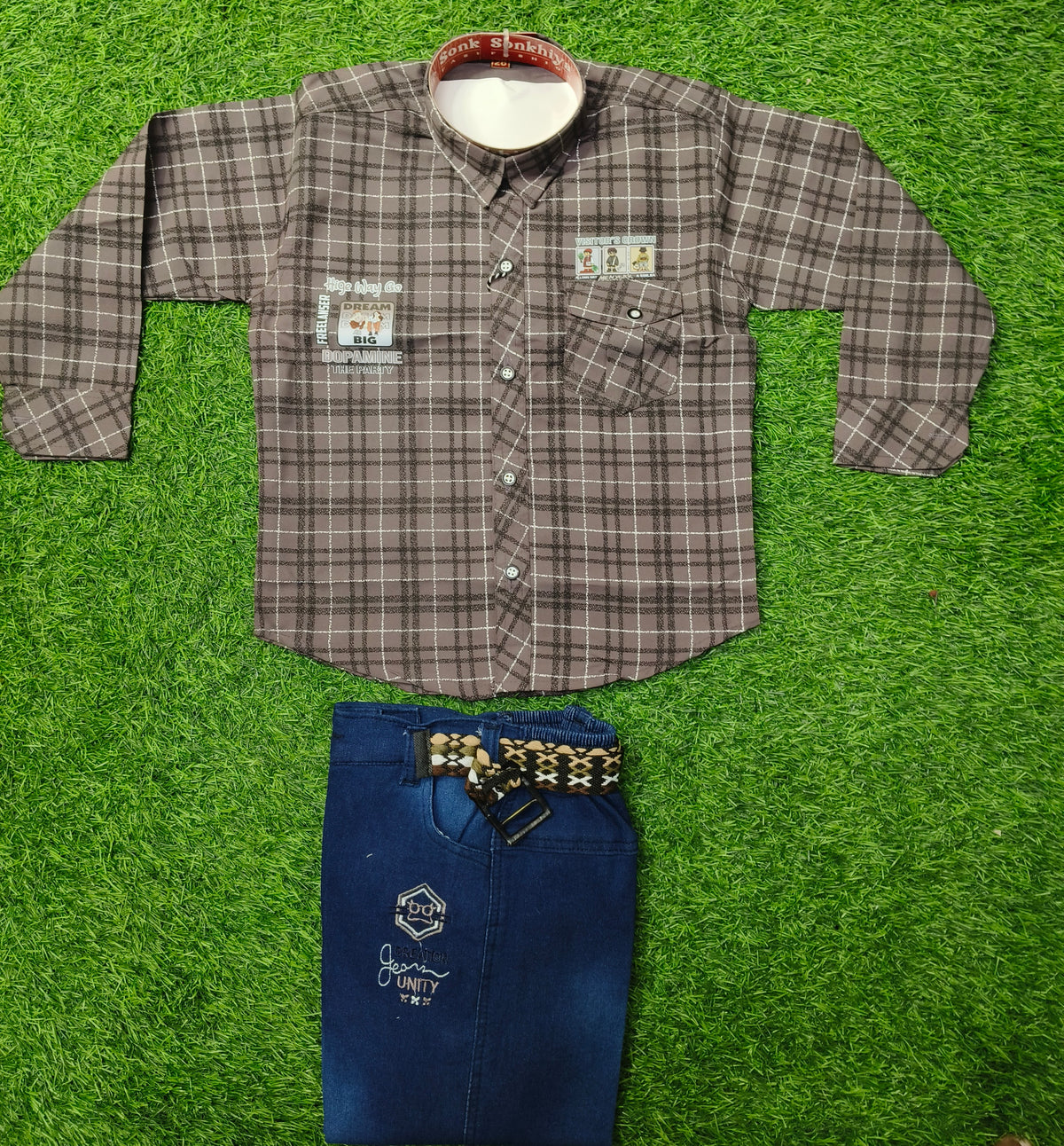 Boys Grey Check Full Sleeve Cotton Shirt with Dark Blue Denim Pant Set