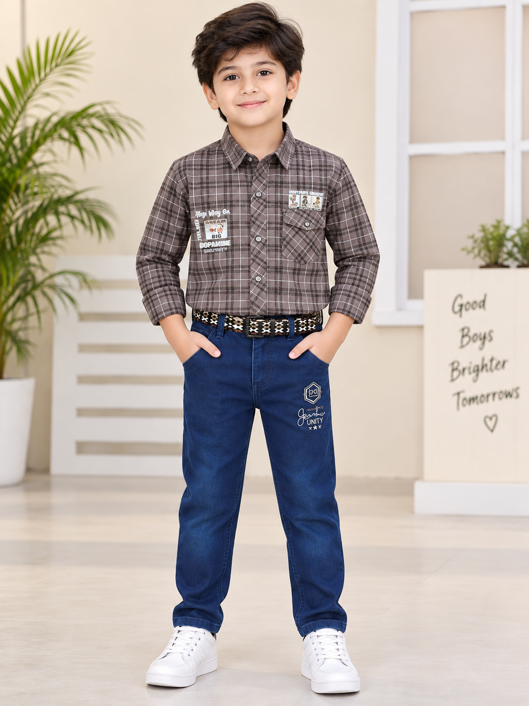 Boys Grey Check Full Sleeve Cotton Shirt with Dark Blue Denim Pant Set