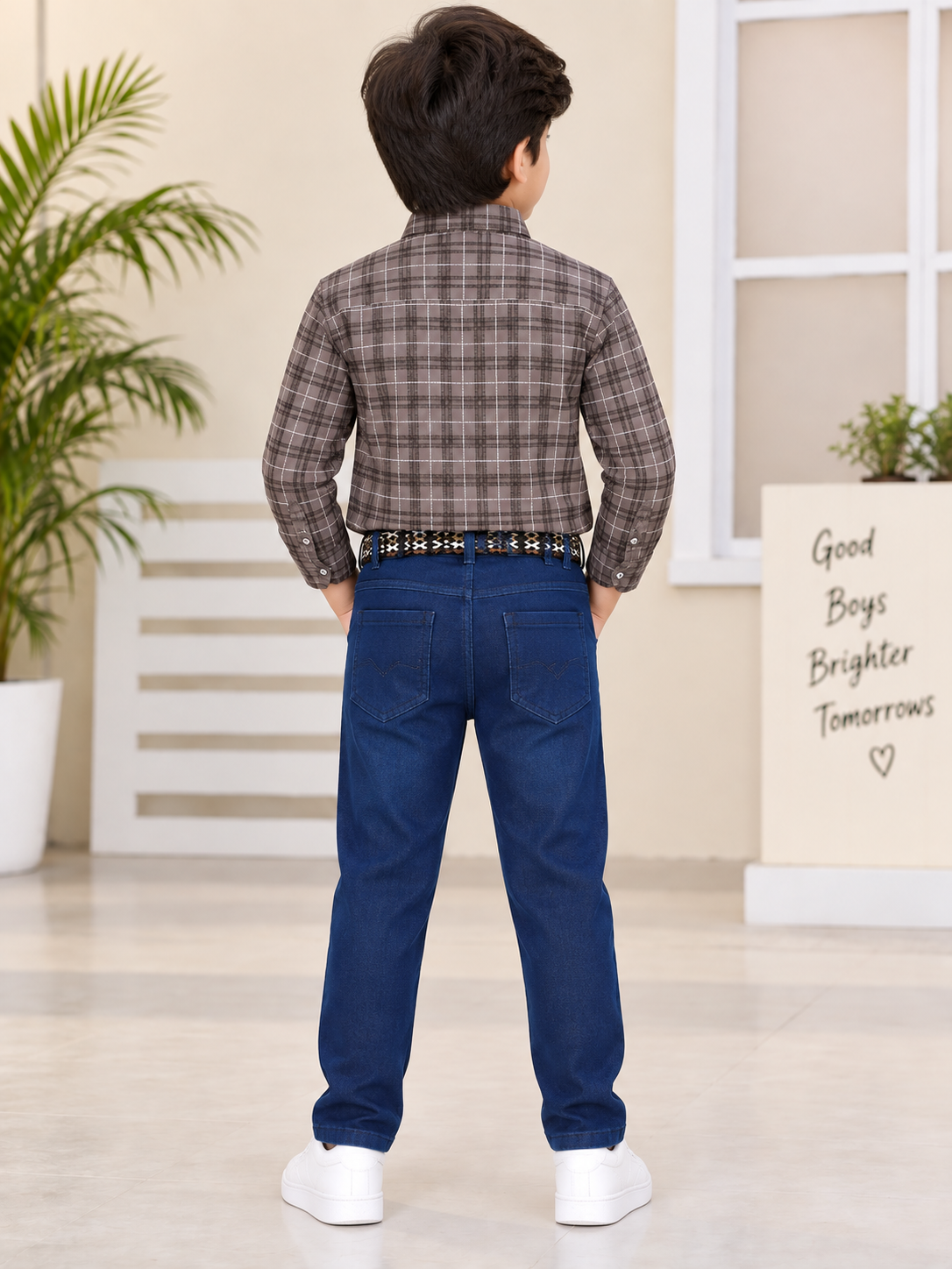Boys Grey Check Full Sleeve Cotton Shirt with Dark Blue Denim Pant Set