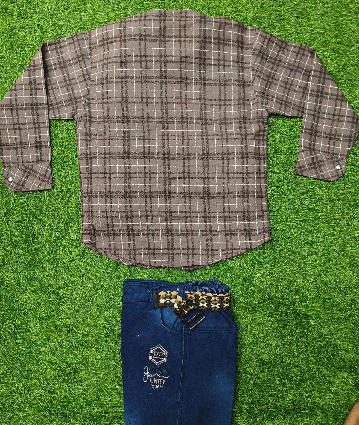 Boys Grey Check Full Sleeve Cotton Shirt with Dark Blue Denim Pant Set