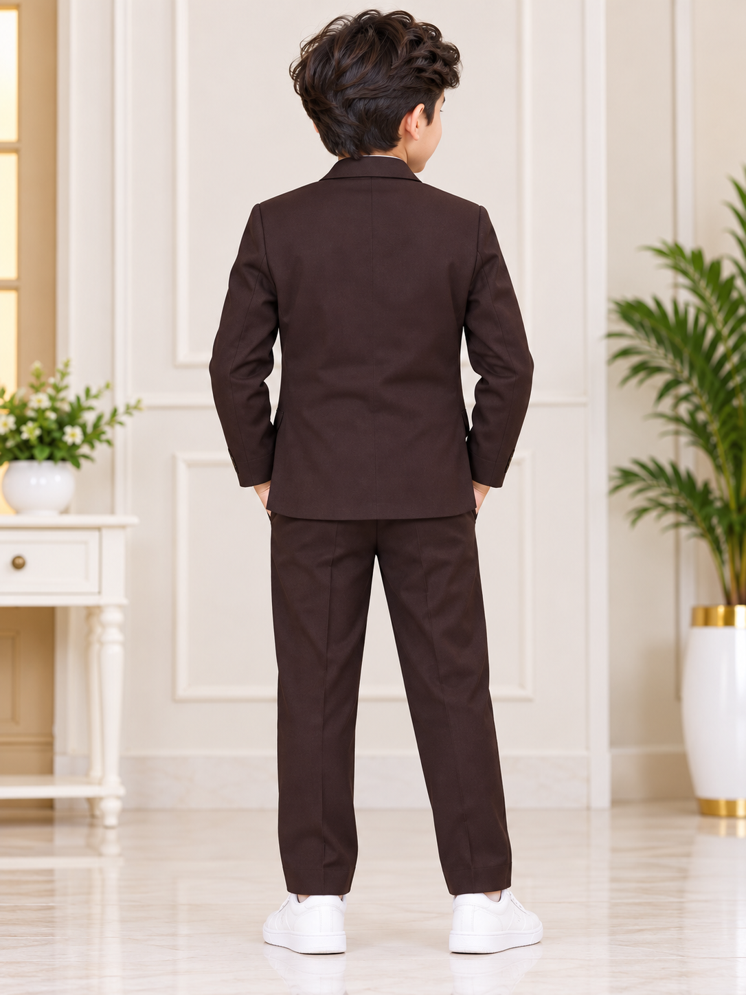 Boys Dark Brown Embroidered Blazer with T-Shirt & Matching Pant Set