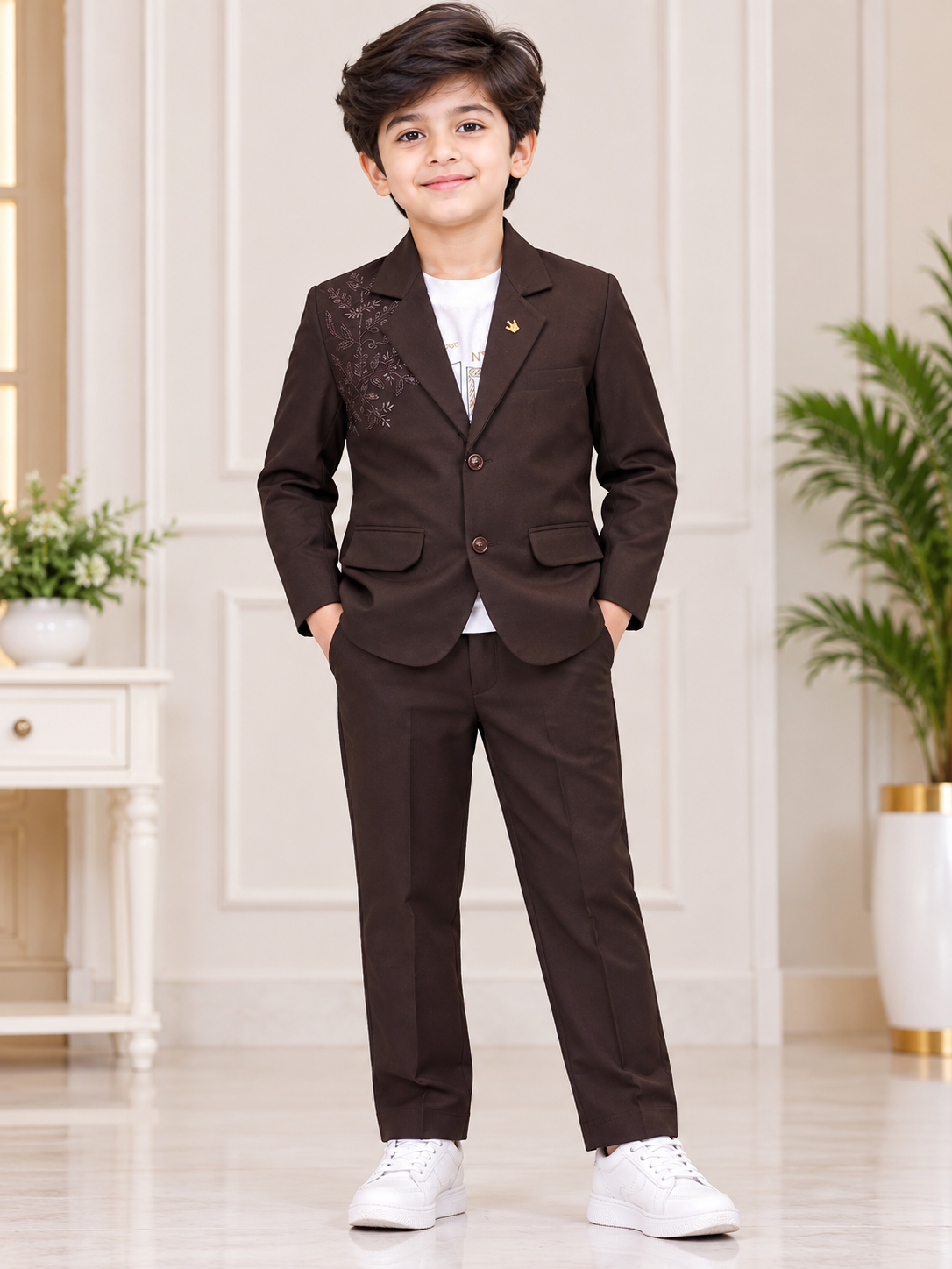 Boys Dark Brown Embroidered Blazer with T-Shirt & Matching Pant Set
