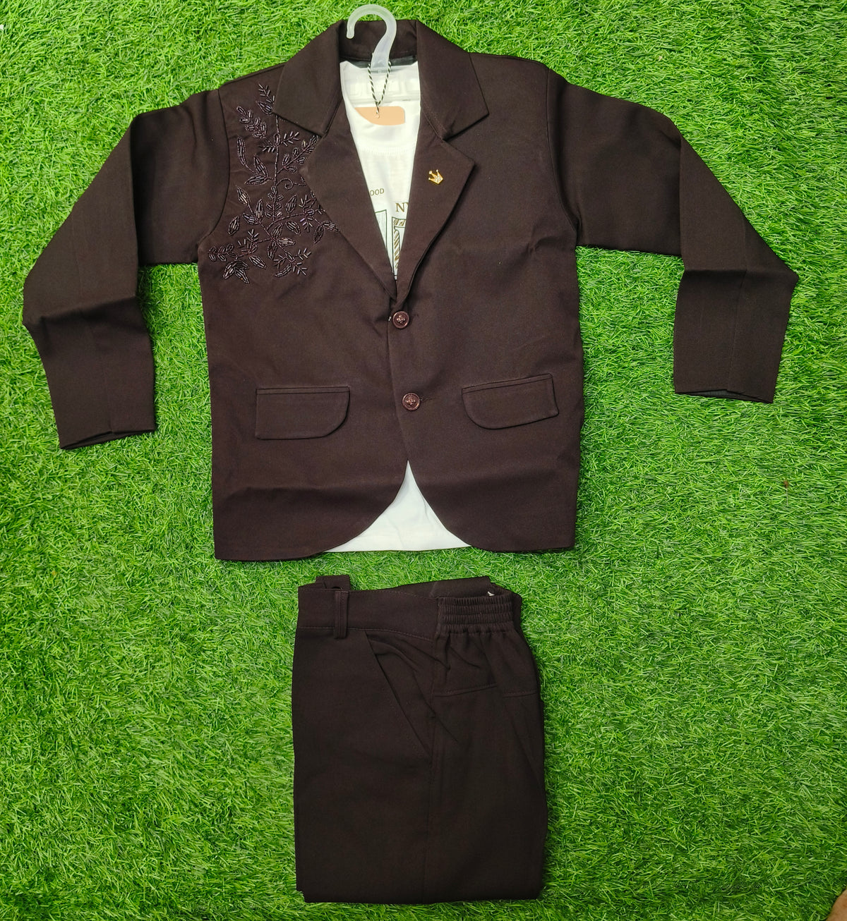 Boys Dark Brown Embroidered Blazer with T-Shirt & Matching Pant Set