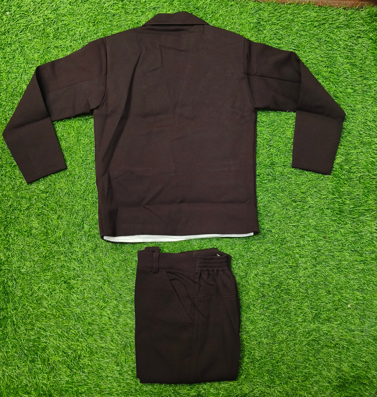 Boys Dark Brown Embroidered Blazer with T-Shirt & Matching Pant Set