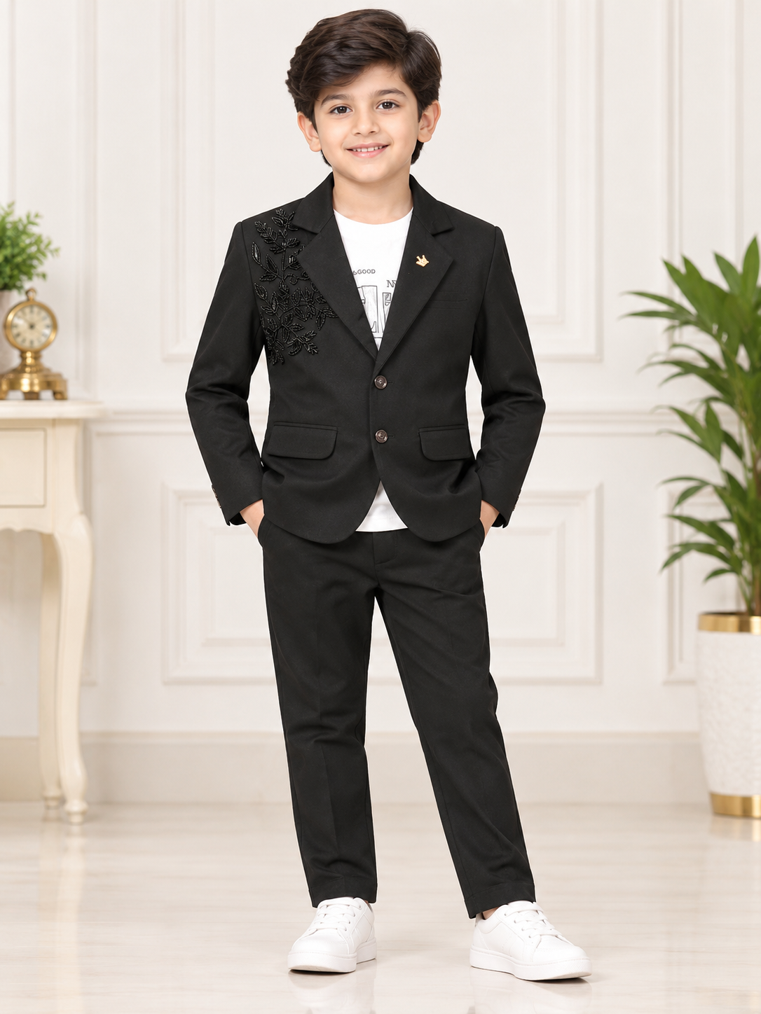 Boys Black Embroidered Blazer with White T-Shirt & Black Pant Set