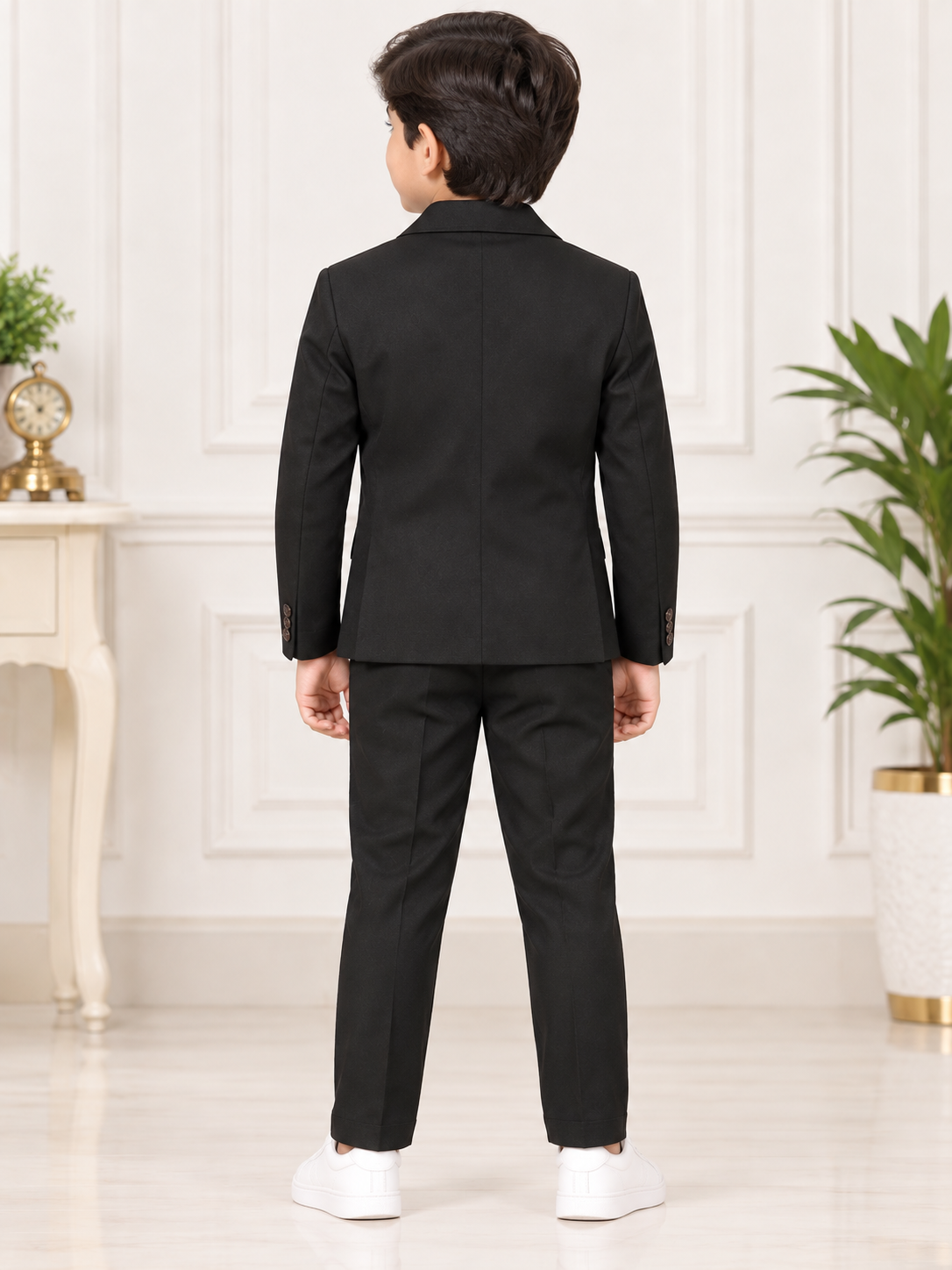 Boys Black Embroidered Blazer with White T-Shirt & Black Pant Set