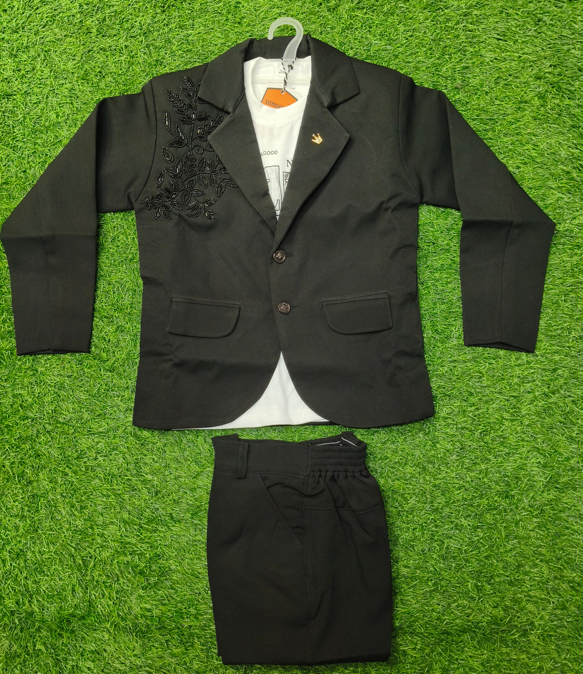 Boys Black Embroidered Blazer with White T-Shirt & Black Pant Set