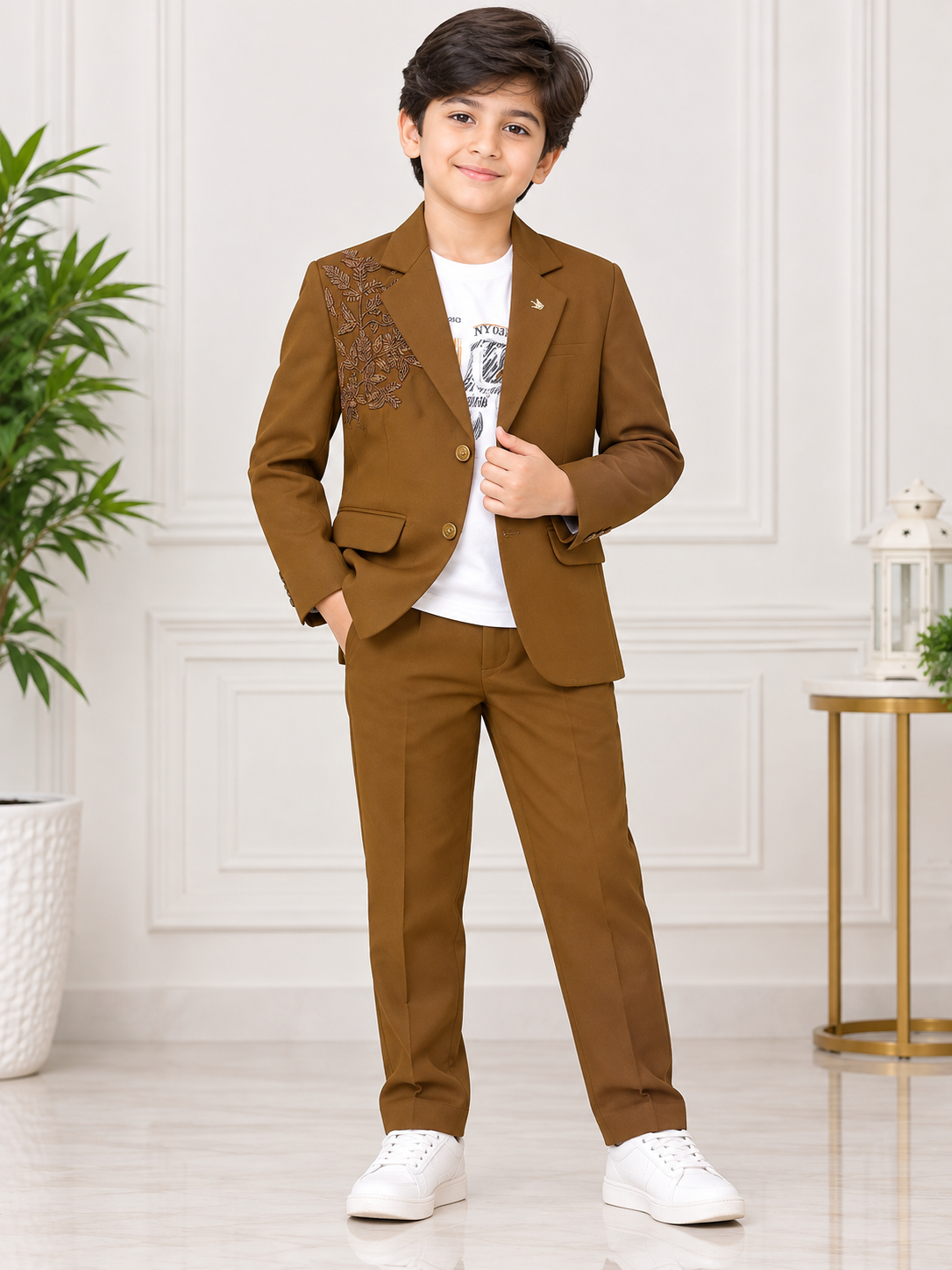 Boys Dark Khaki Embroidered Blazer with White T-Shirt & Matching Pant Set
