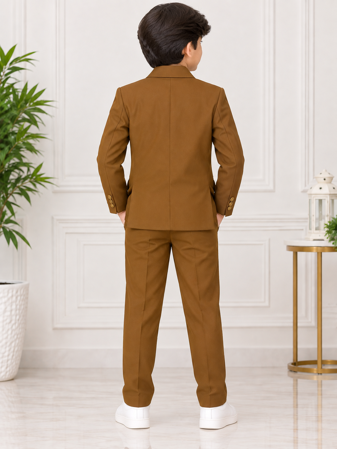 Boys Dark Khaki Embroidered Blazer with White T-Shirt & Matching Pant Set