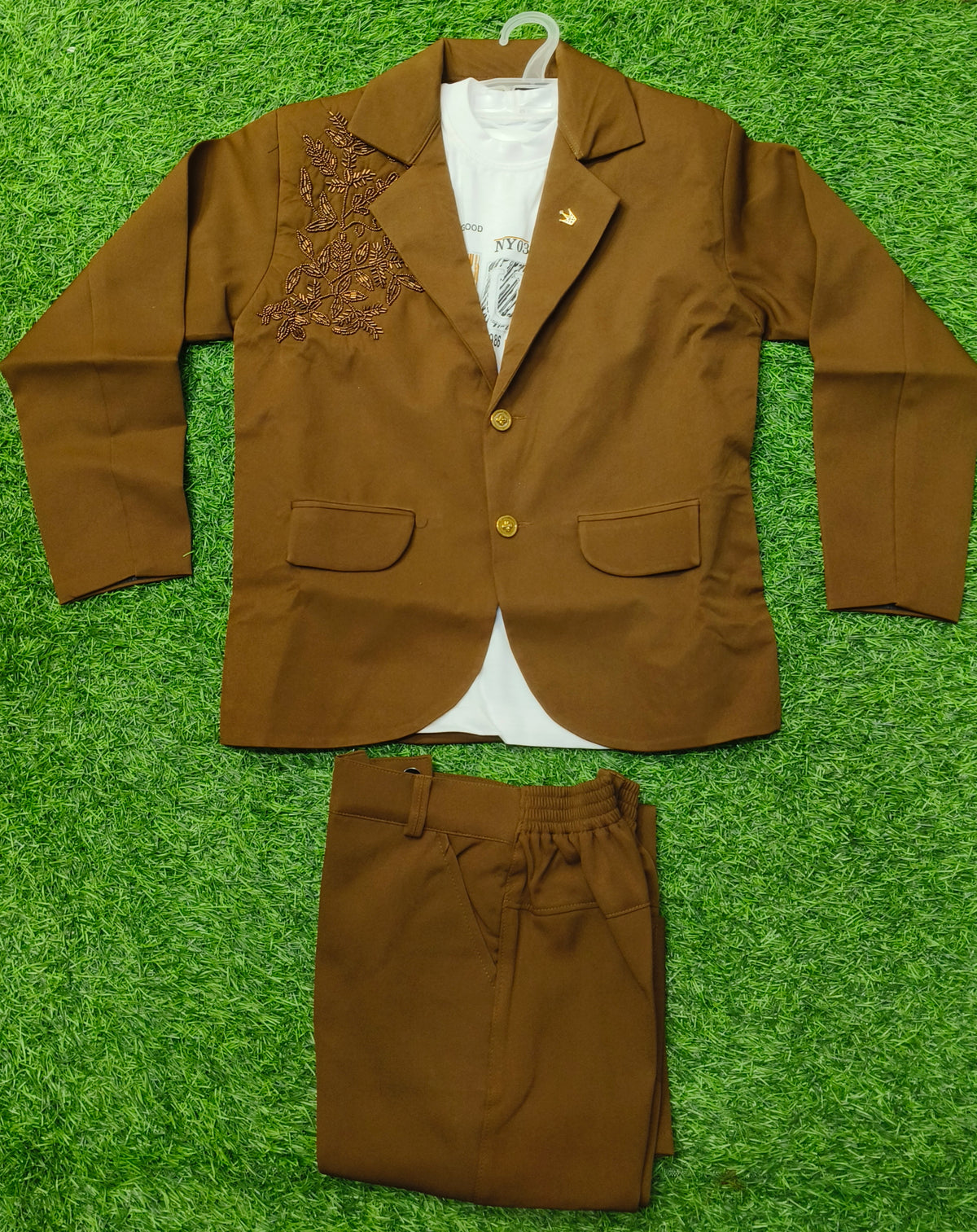 Boys Dark Khaki Embroidered Blazer with White T-Shirt & Matching Pant Set