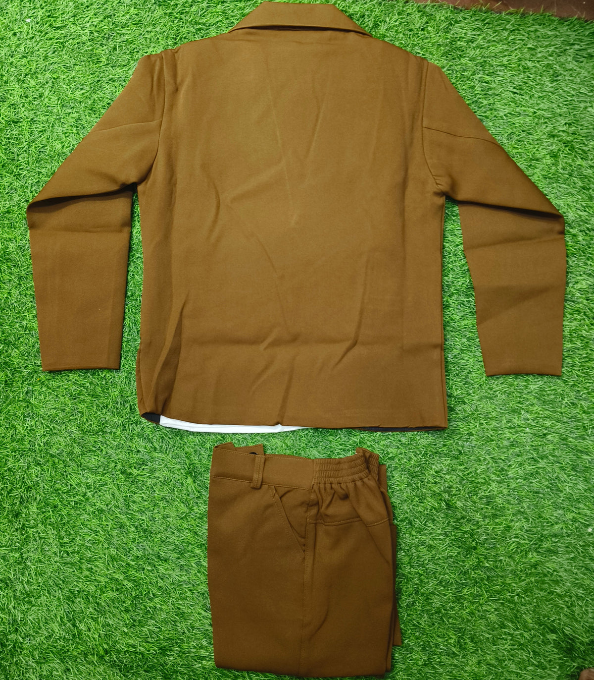 Boys Dark Khaki Embroidered Blazer with White T-Shirt & Matching Pant Set