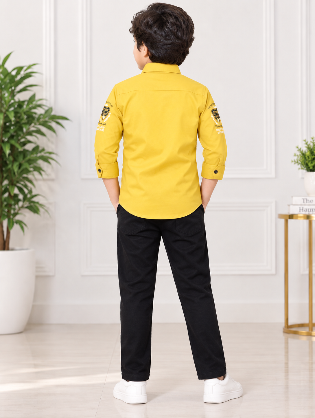 Boys Mustard Yellow Full Sleeve Cotton Shirt with Black Pant Set