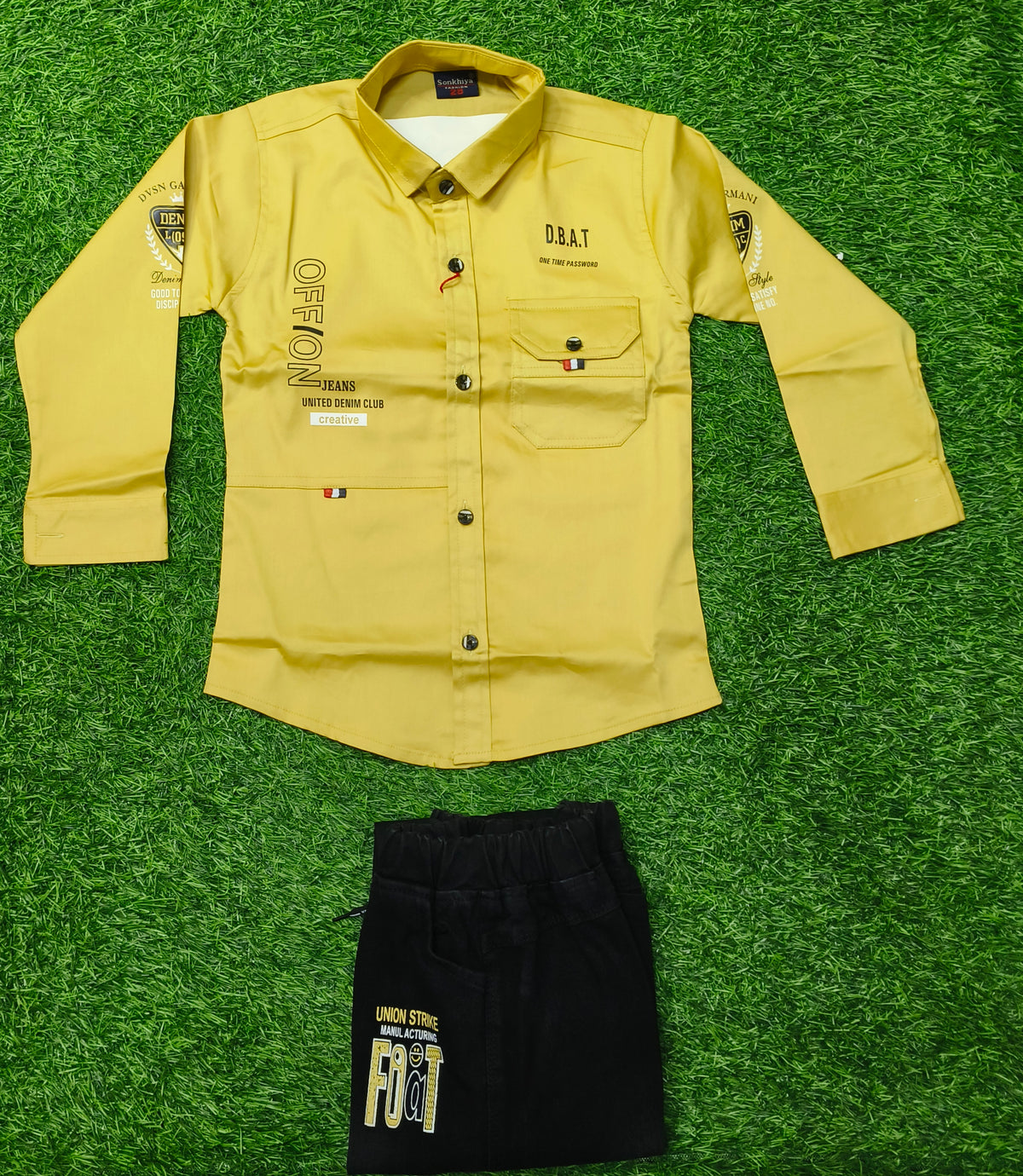 Boys Mustard Yellow Full Sleeve Cotton Shirt with Black Pant Set