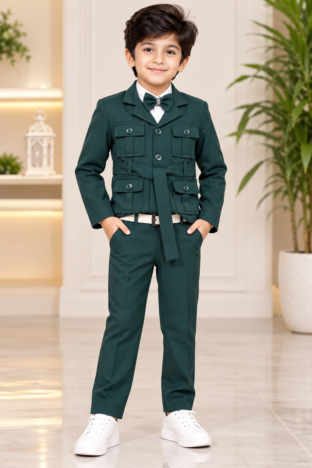Boys Dark Bottle Green Safari Blazer Party Wear Set with Pant