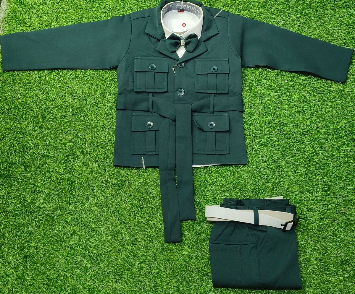 Boys Dark Bottle Green Safari Blazer Party Wear Set with Pant