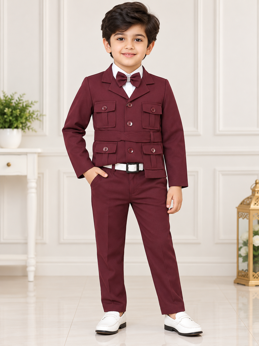 Boys Maroon Safari Blazer Party Wear Set with Pant