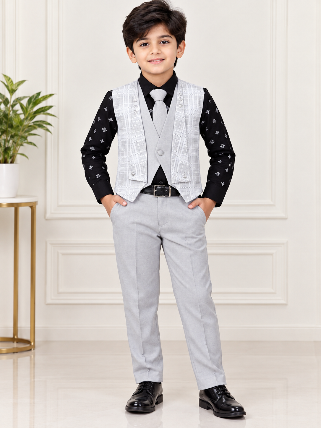 Boys White Printed Shirt with Light Brown Checked Blazer & Formal Pant Set