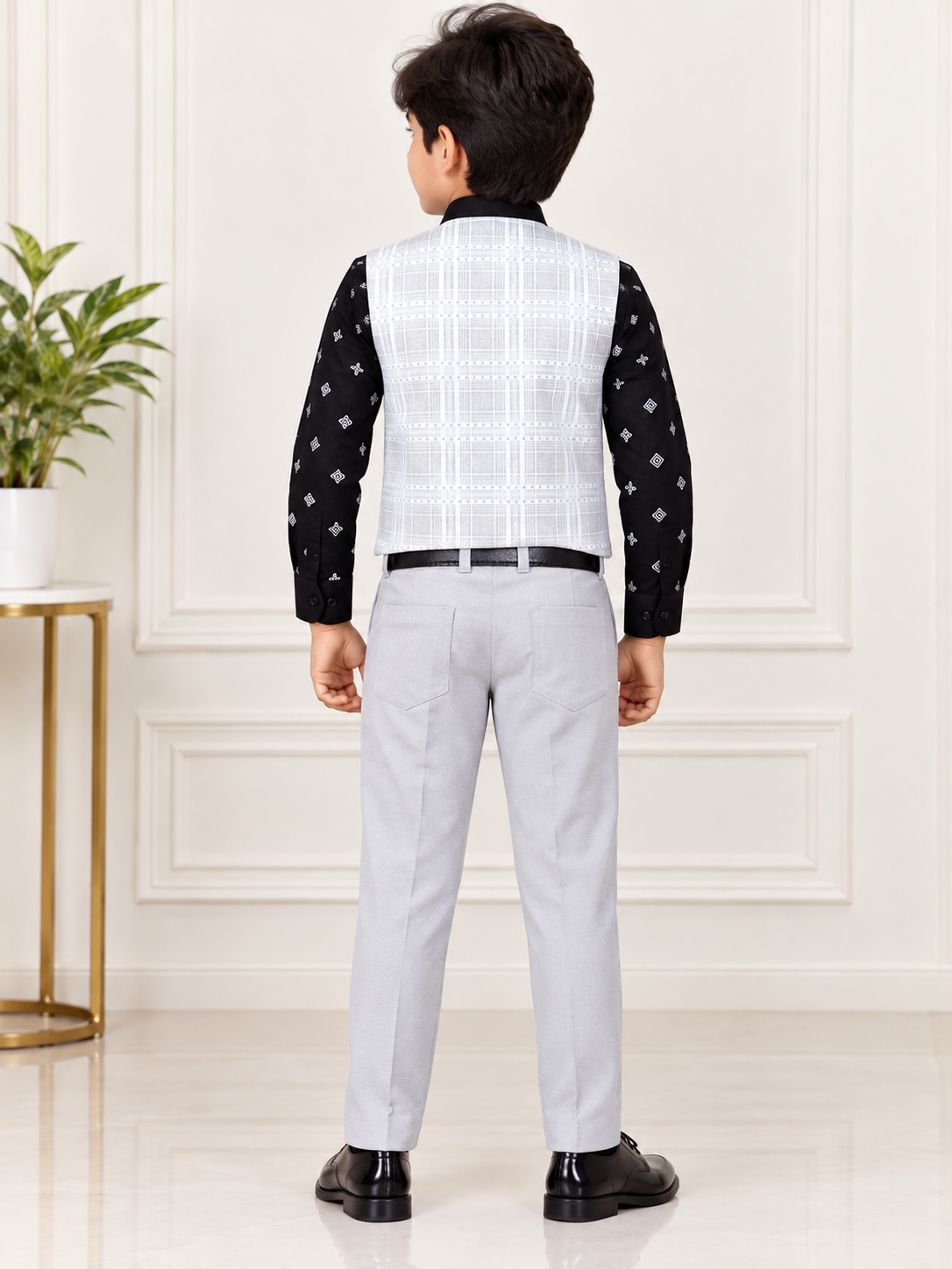 Boys White Printed Shirt with Light Brown Checked Blazer & Formal Pant Set