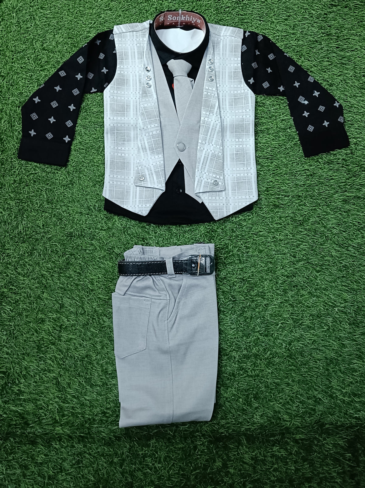 Boys White Printed Shirt with Light Brown Checked Blazer & Formal Pant Set