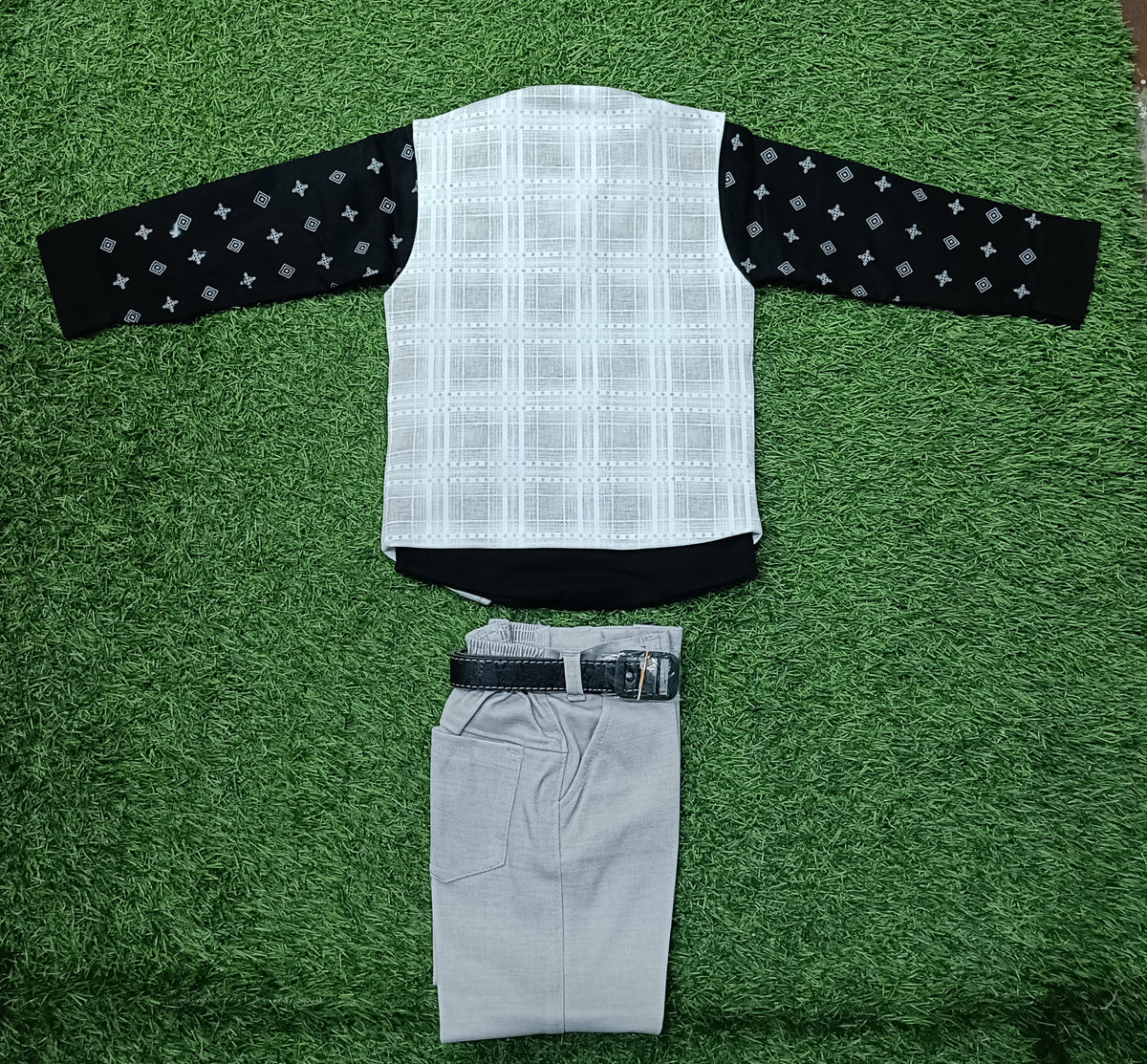 Boys White Printed Shirt with Light Brown Checked Blazer & Formal Pant Set