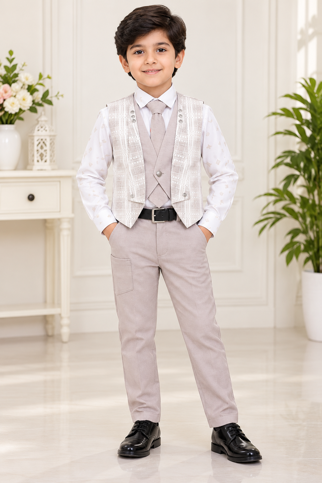 Boys Cream Printed Shirt with Beige Checked Waistcoat & Formal Pant Set